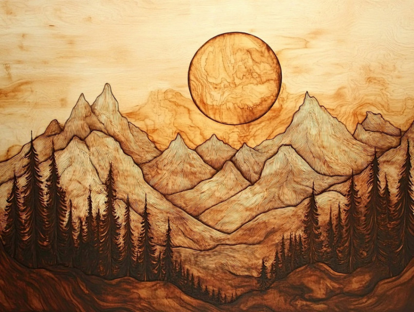 Mountain scene in woodburn art Mountain scene in woodburn art