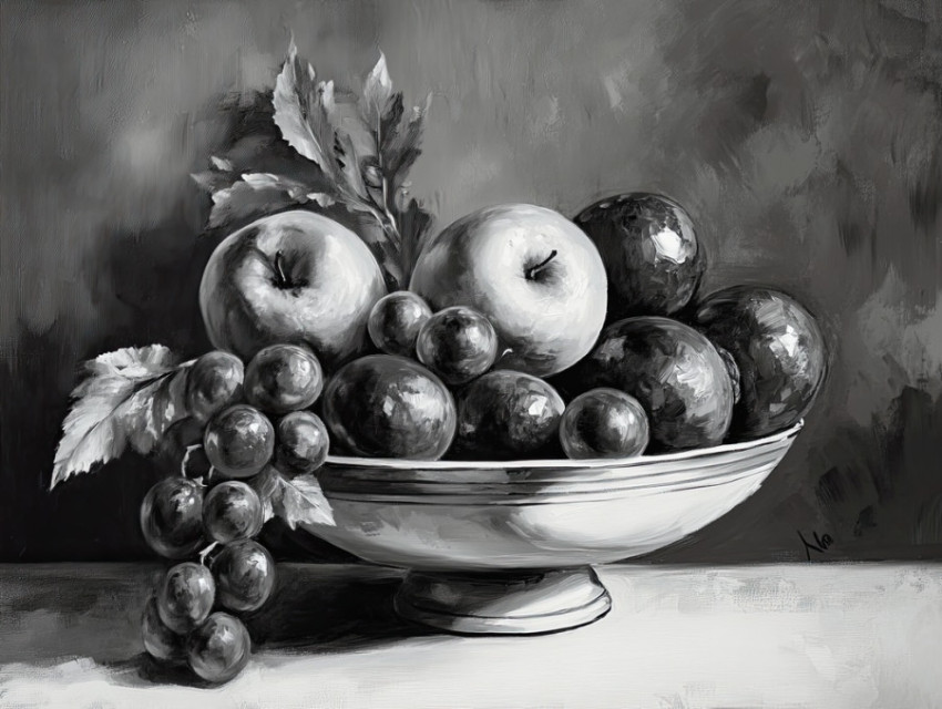 An arrangement of fruits painted in gray shades An arrangement of fruits painted in gray shades