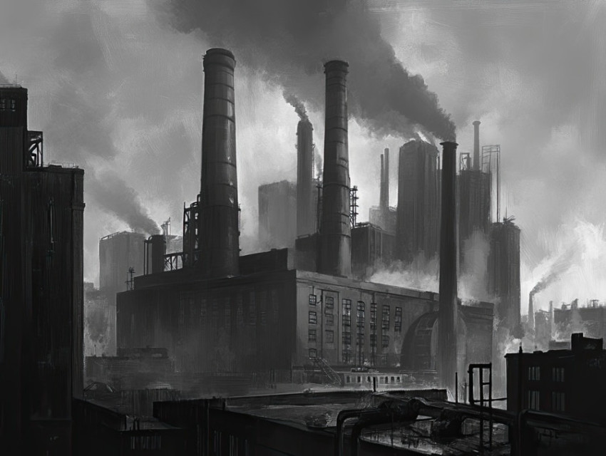 Industrial factory buildings silhouetted against the sky Industrial factory buildings silhouetted against the sky