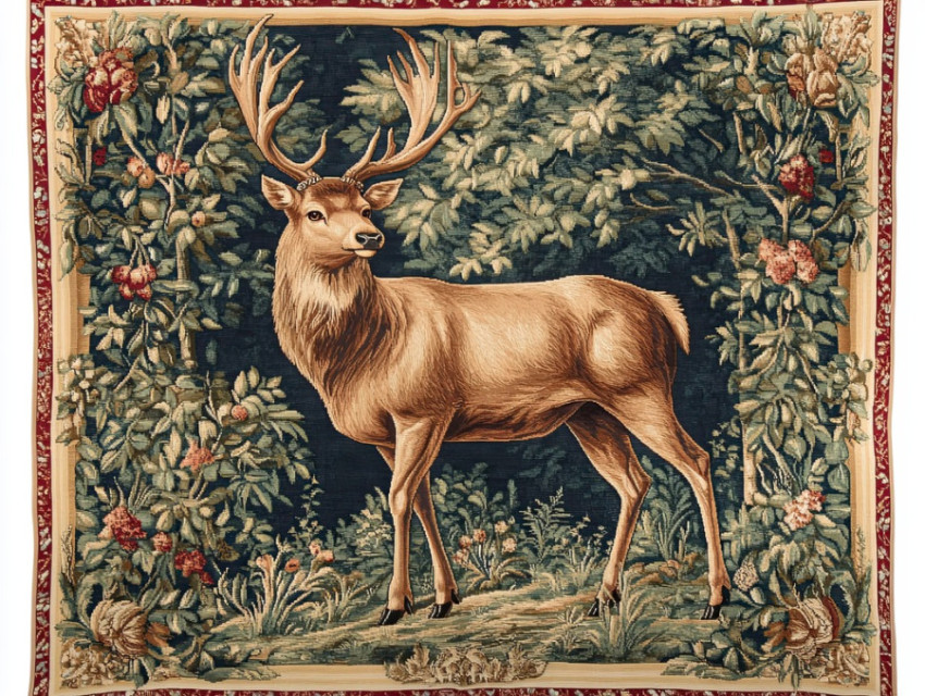 Regal stag stands in a lush forest Regal stag stands in a lush forest