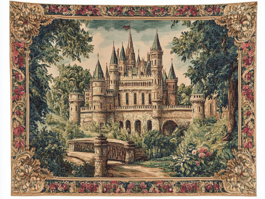 Grand castle with towering walls and detailed scenery in a flemish tapestry Grand castle with towering walls and detailed scenery in a flemish tapestry