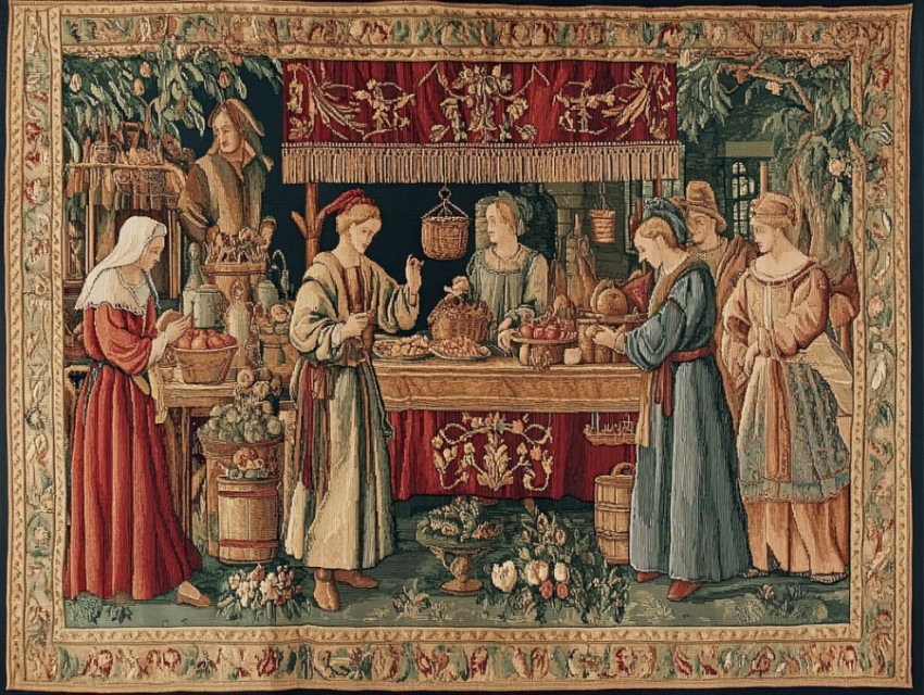 Merchants trade goods in a busy market scene Merchants trade goods in a busy market scene