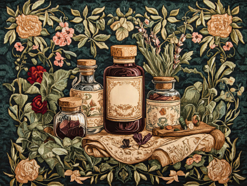 Herbal apothecary prepares remedies in a flemish tapestry Herbal apothecary prepares remedies in a flemish tapestry