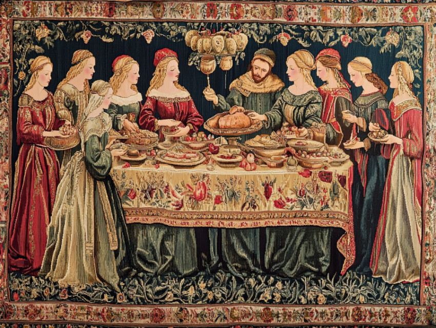 Banquet feast with nobles enjoying fine food in a flemish tapestry Banquet feast with nobles enjoying fine food in a flemish tapestry