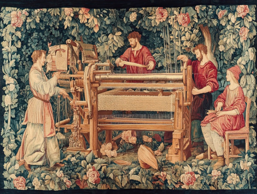Loom workers crafting textiles in a flemish tapestry Loom workers crafting textiles in a flemish tapestry