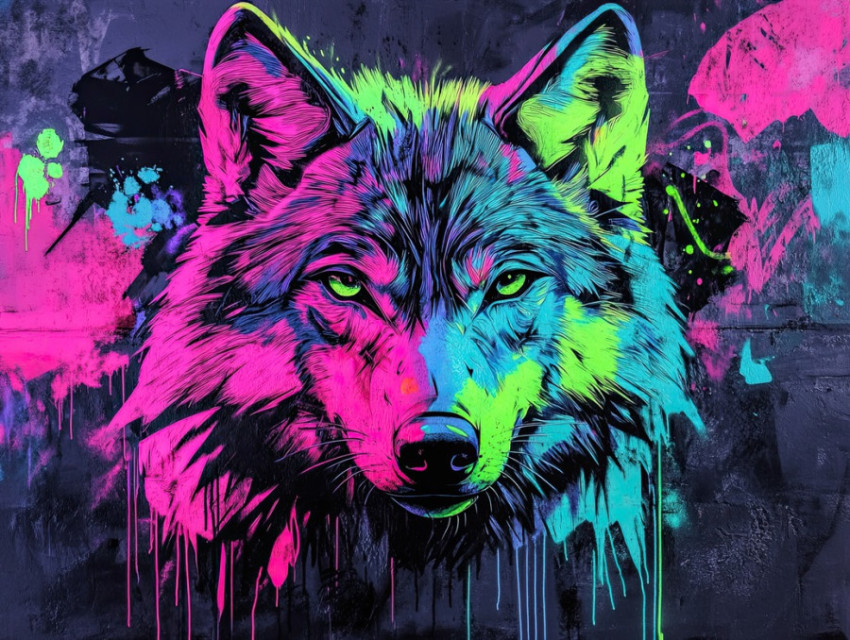 Neon wolf in aerosol street art Neon wolf in aerosol street art