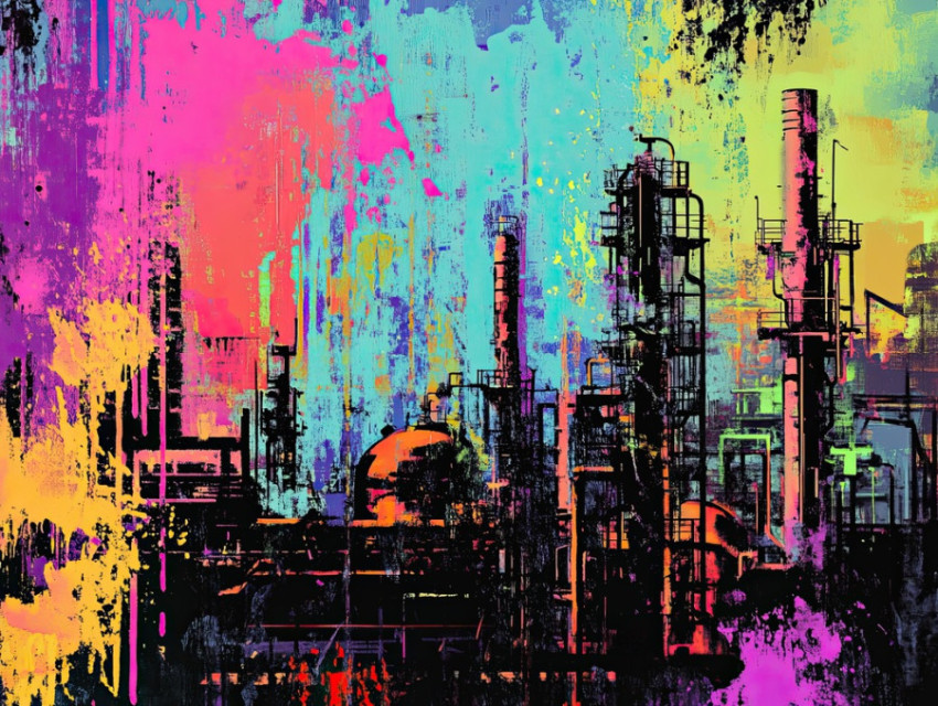Factory silhouette in neon spray Factory silhouette in neon spray