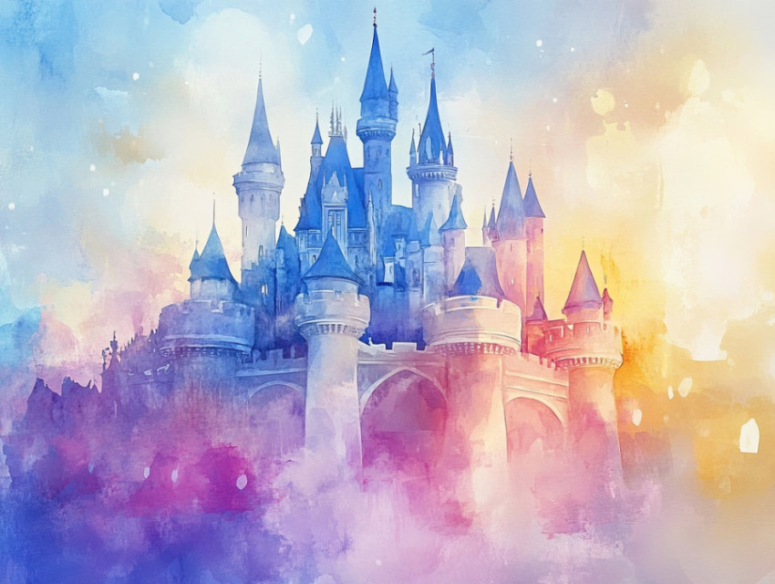 Dreamy castle in a soft watercolor wash Dreamy castle in a soft watercolor wash