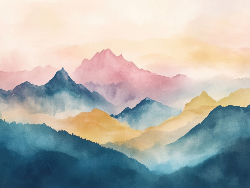 Misty mountains in soft watercolor paint layers Misty mountains in soft watercolor paint layers