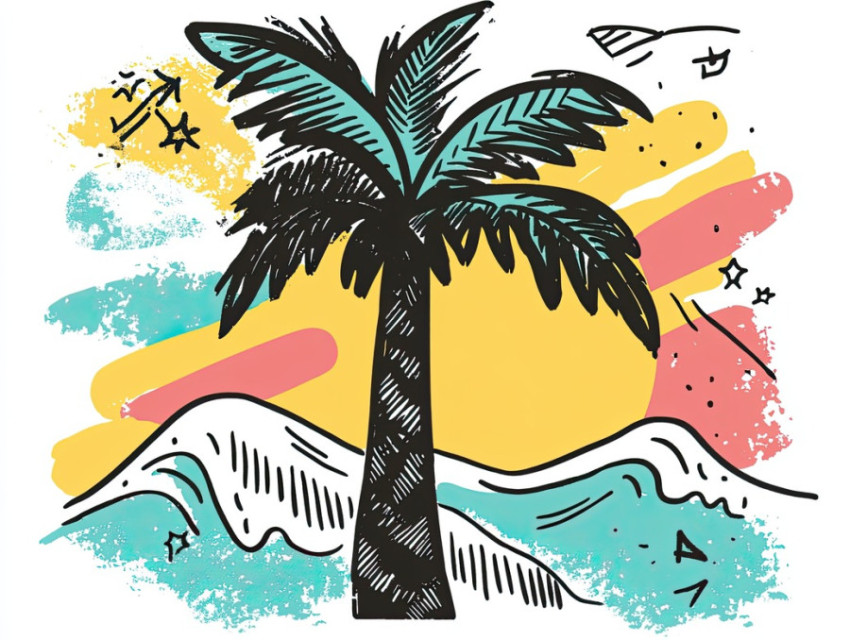Palm tree with waves and sun icons Palm tree with waves and sun icons