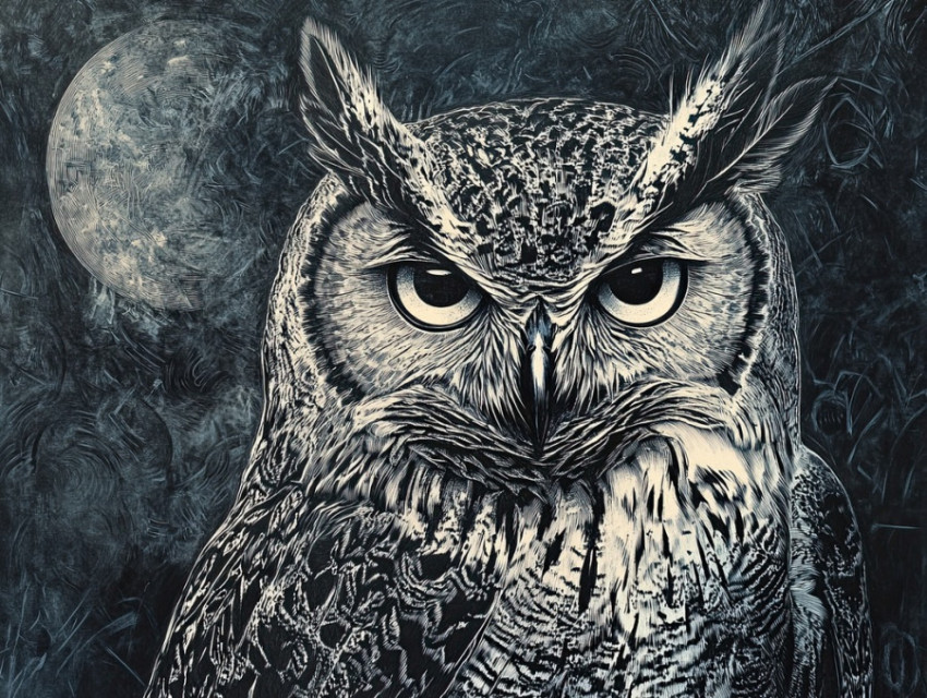 Owl staring with piercing eyes under the moonlight Owl staring with piercing eyes under the moonlight