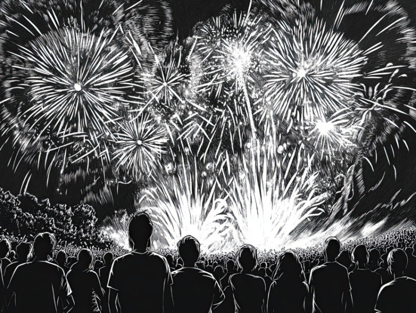 Fireworks exploding in the night sky above a joyful crowd Fireworks exploding in the night sky above a joyful crowd