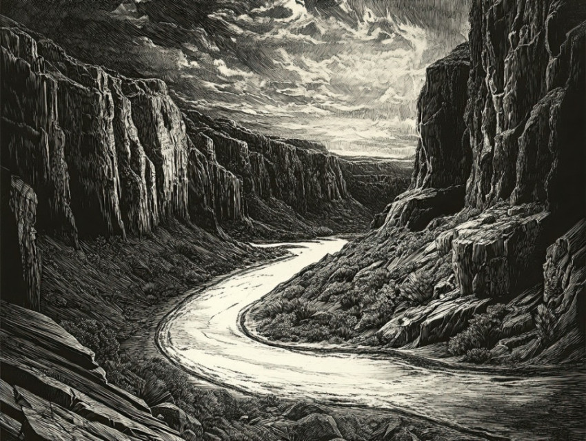 Winding river cutting through rocky cliffs Winding river cutting through rocky cliffs