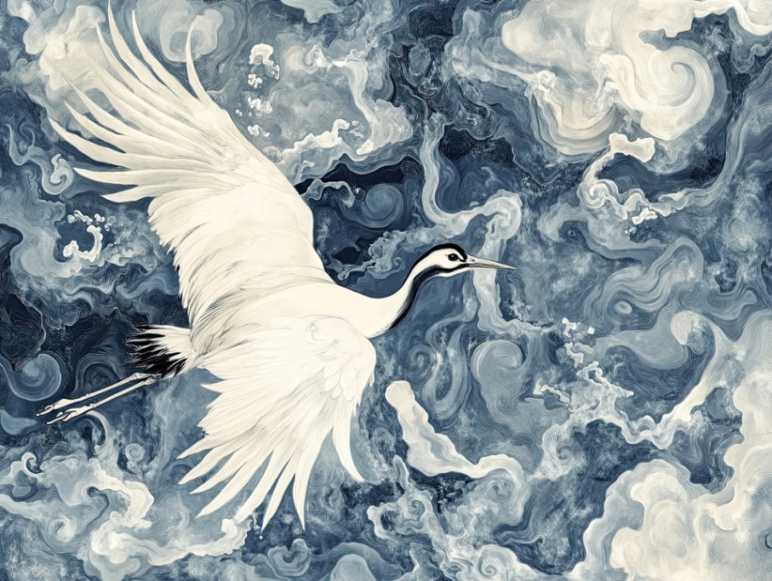 Crane soaring over a misty lake with swirling patterns Crane soaring over a misty lake with swirling patterns