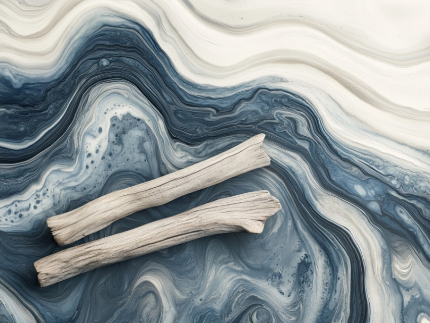 Weathered driftwood resting on a shore with swirling waves Weathered driftwood resting on a shore with swirling waves