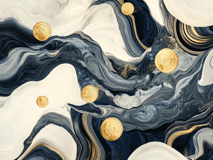 Flowing black ink swirling over golden coins Flowing black ink swirling over golden coins