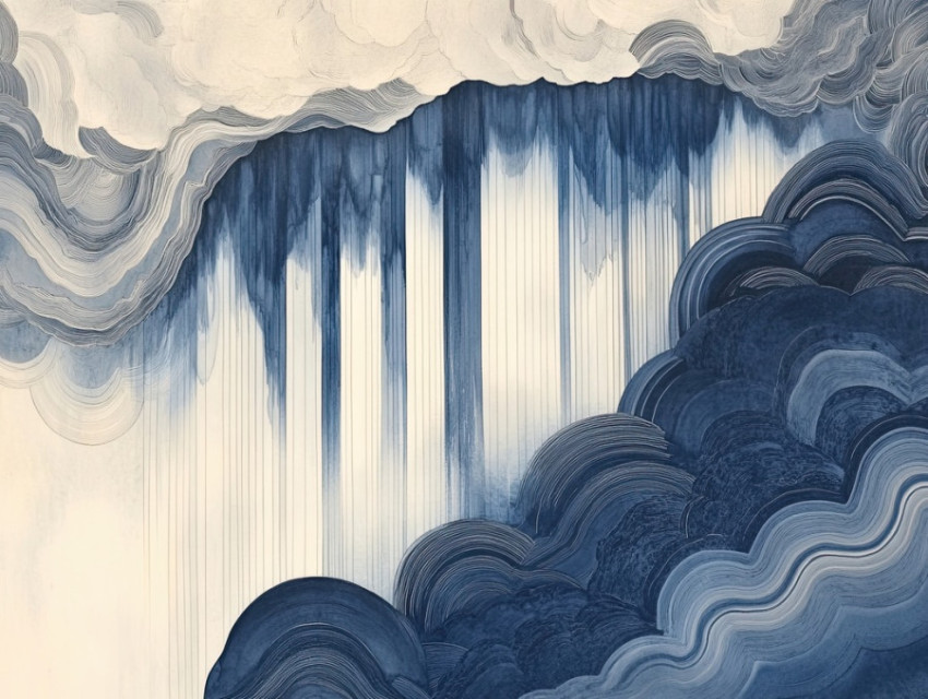 A waterfall dissolving into mist with fluid suminagashi like swirls A waterfall dissolving into mist with fluid suminagashi like swirls
