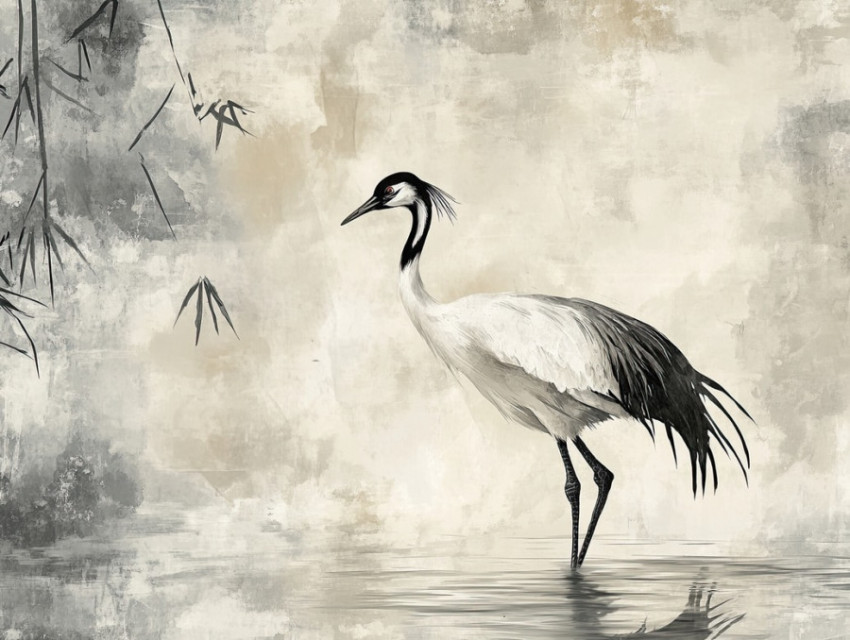 A graceful crane stands in shallow water A graceful crane stands in shallow water