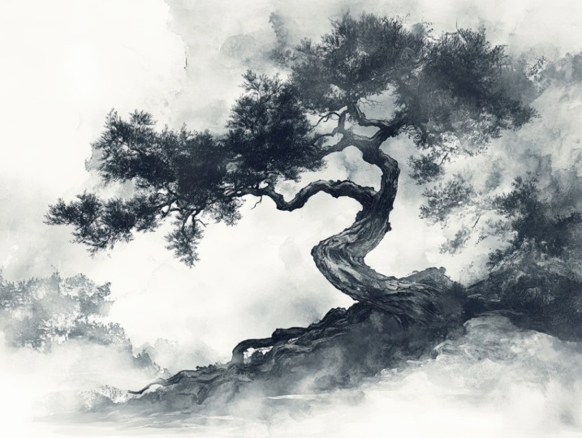 An ancient pine tree with gnarled roots An ancient pine tree with gnarled roots