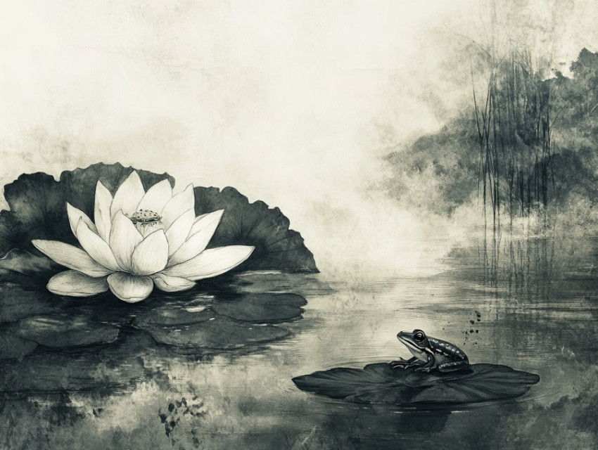 A minimalist lotus flower with a small frog resting on its leaf