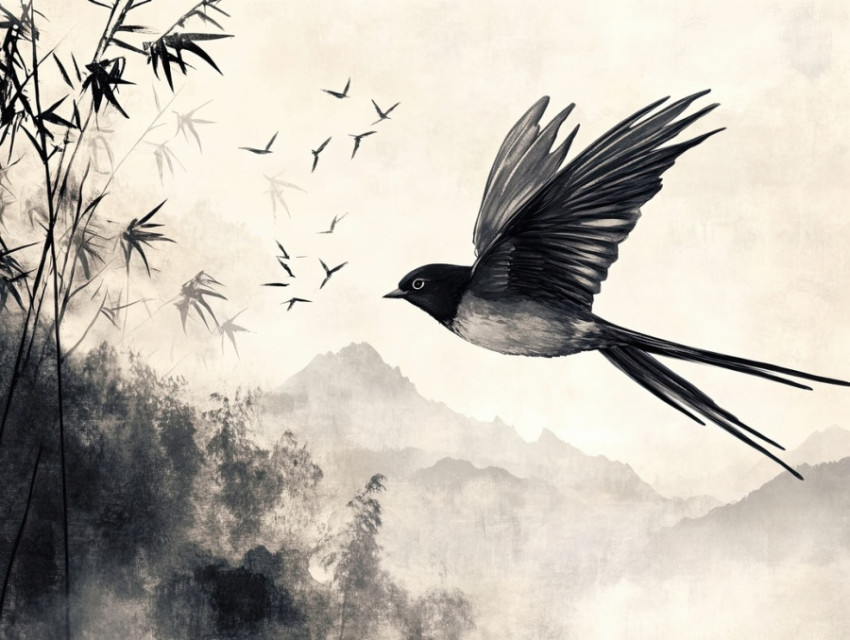A silhouetted swallow captured mid flight A silhouetted swallow captured mid flight