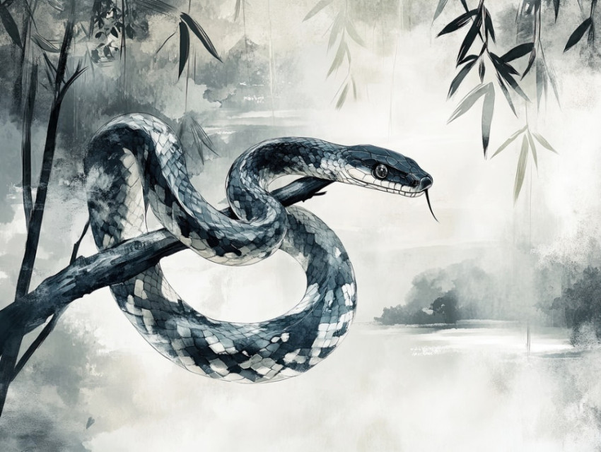 A mysterious snake coiled around a tree branch