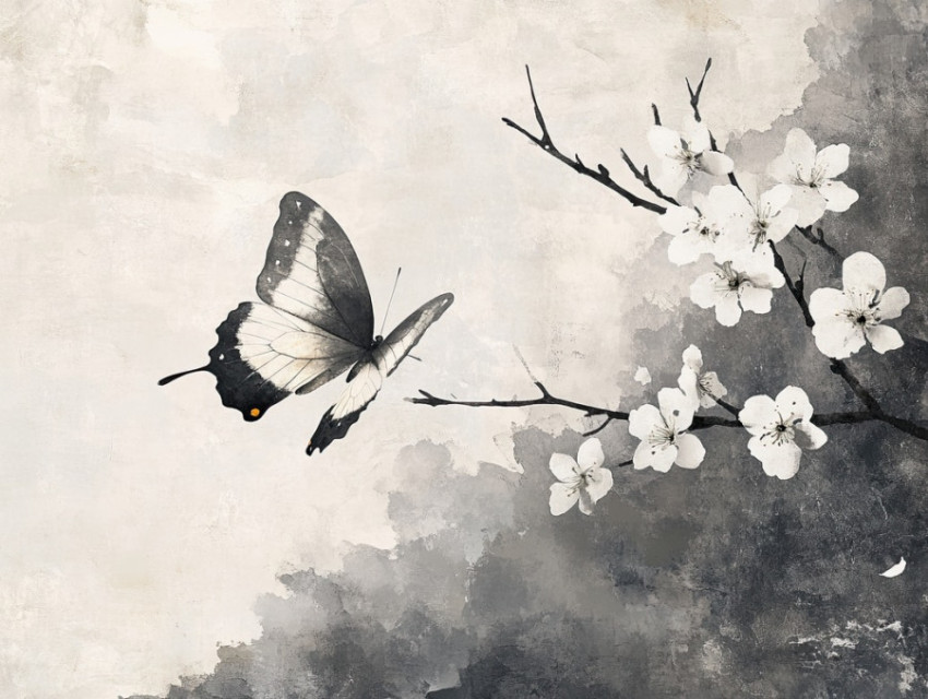 A delicate butterfly hovering near blooming plum blossoms A delicate butterfly hovering near blooming plum blossoms