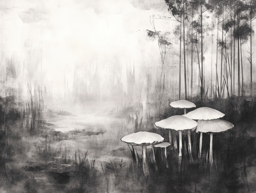 Ethereal cloud like mushrooms emerging in a misty forest