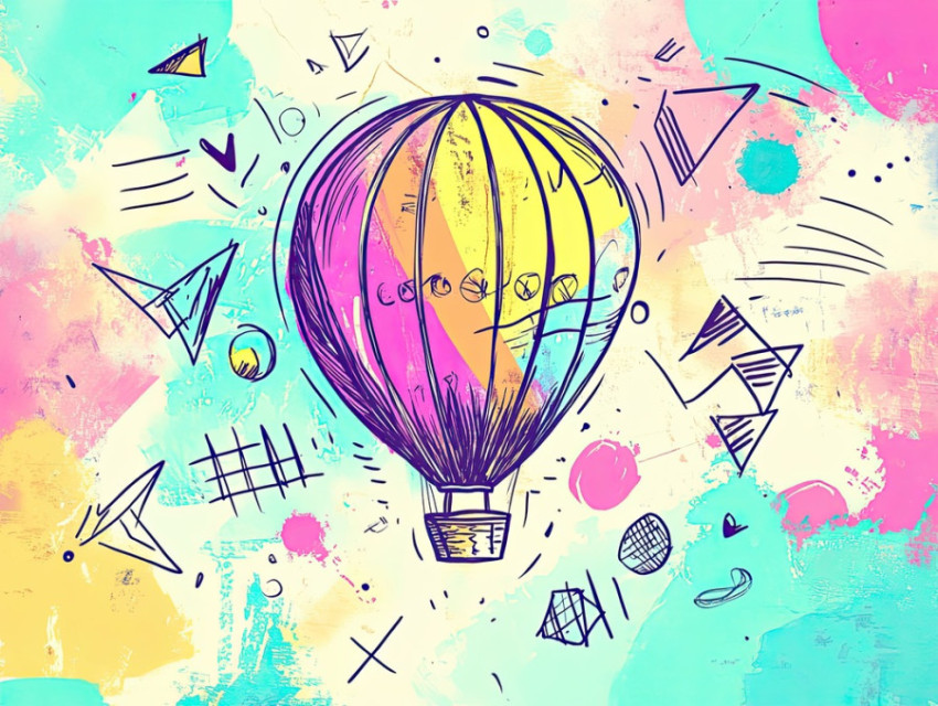 Whimsical hot air balloon floating in the sky with clouds and stars Whimsical hot air balloon floating in the sky with clouds and stars