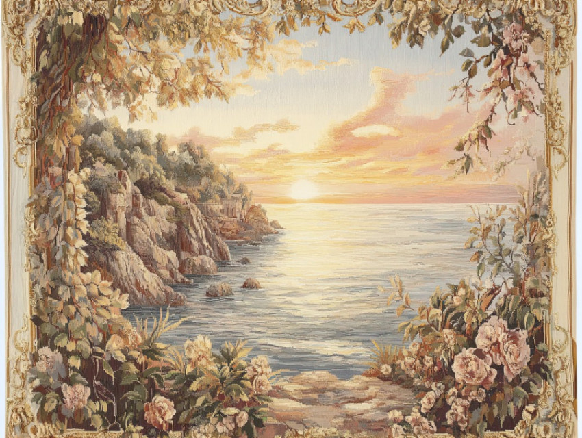 Sunset over a rugged coastline with crashing waves