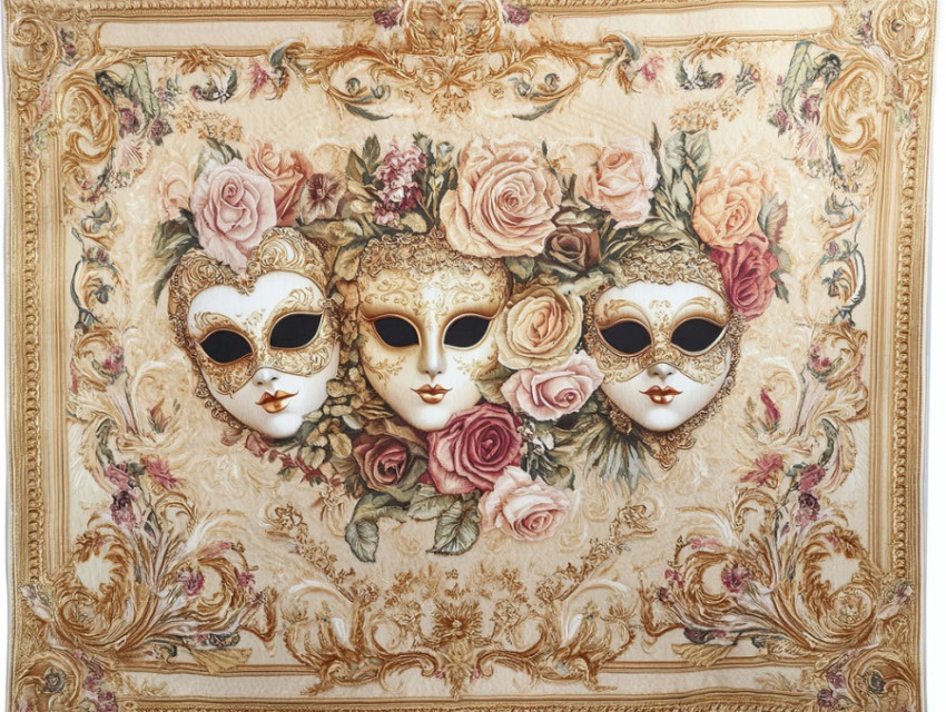 Masquerade ball with dancers in elegant masks and ornate costumes Masquerade ball with dancers in elegant masks and ornate costumes