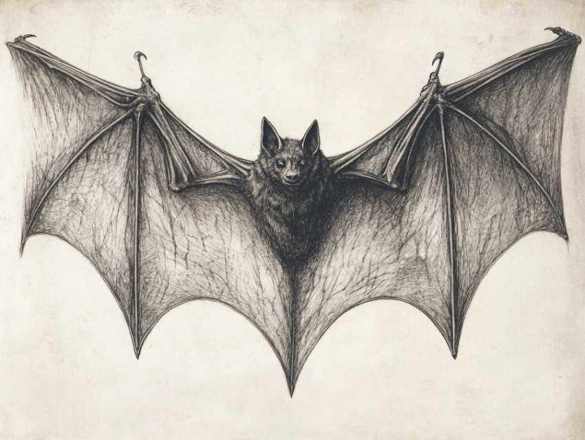 Anatomy of bat wings showing thin membranes stretched between bones Anatomy of bat wings showing thin membranes stretched between bones