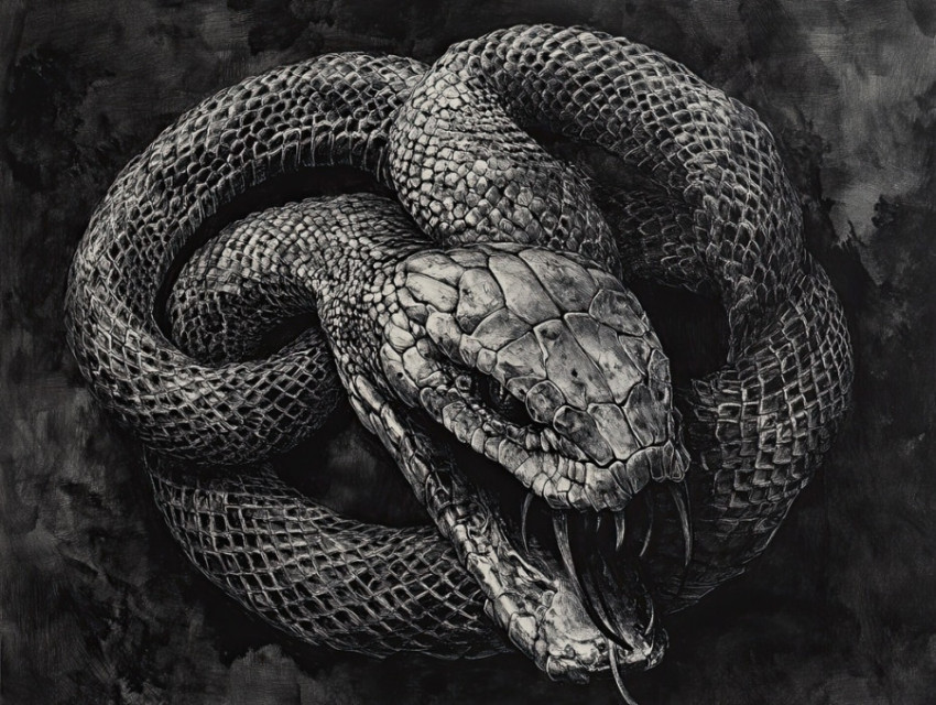 A serpent coiling tightly around its own skeleton A serpent coiling tightly around its own skeleton
