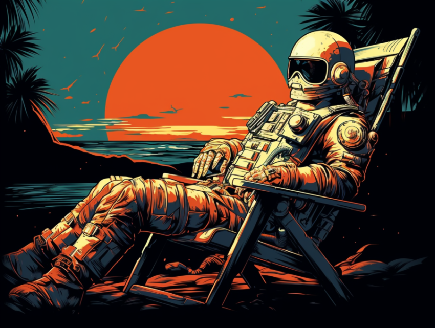 an astronaut resting on mars in a beach chair