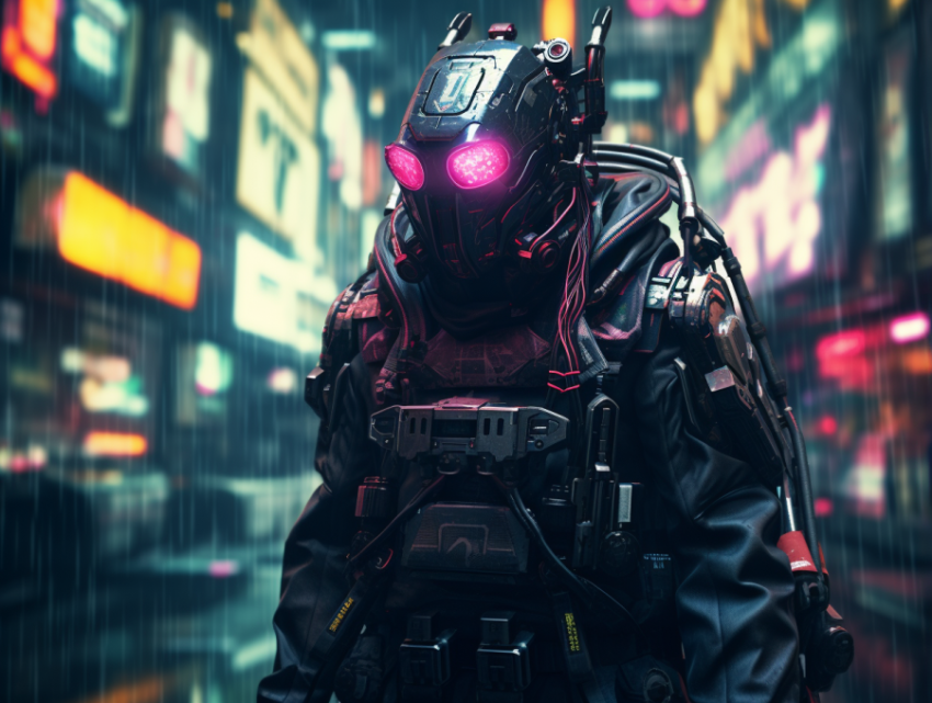 Cyberpunk Robot Full length wide angle view