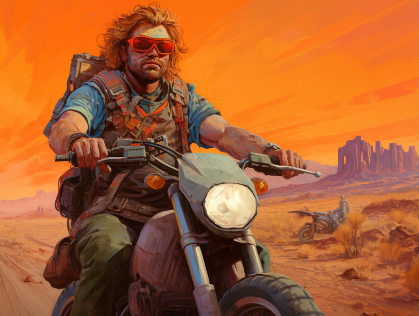 A man riding a motorcycle near a desert
