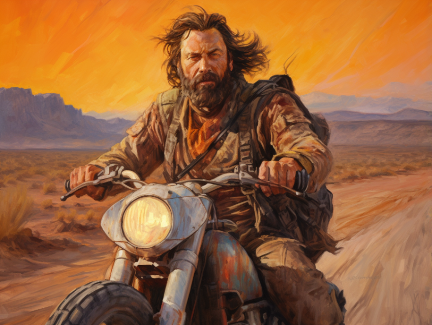 A man riding a motorcycle near a desert