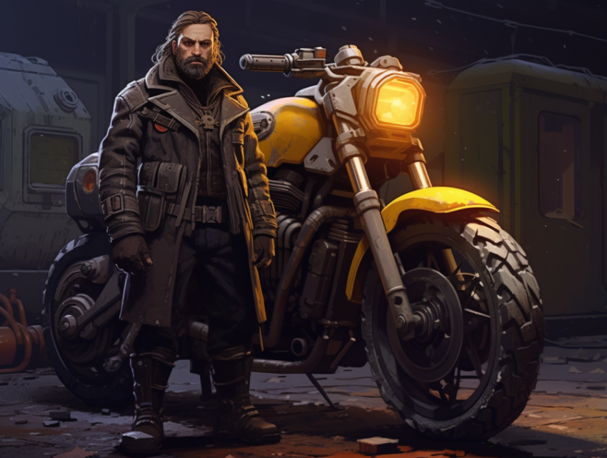a man with a motorcycle stands next to a dieselpunk motorcycle
