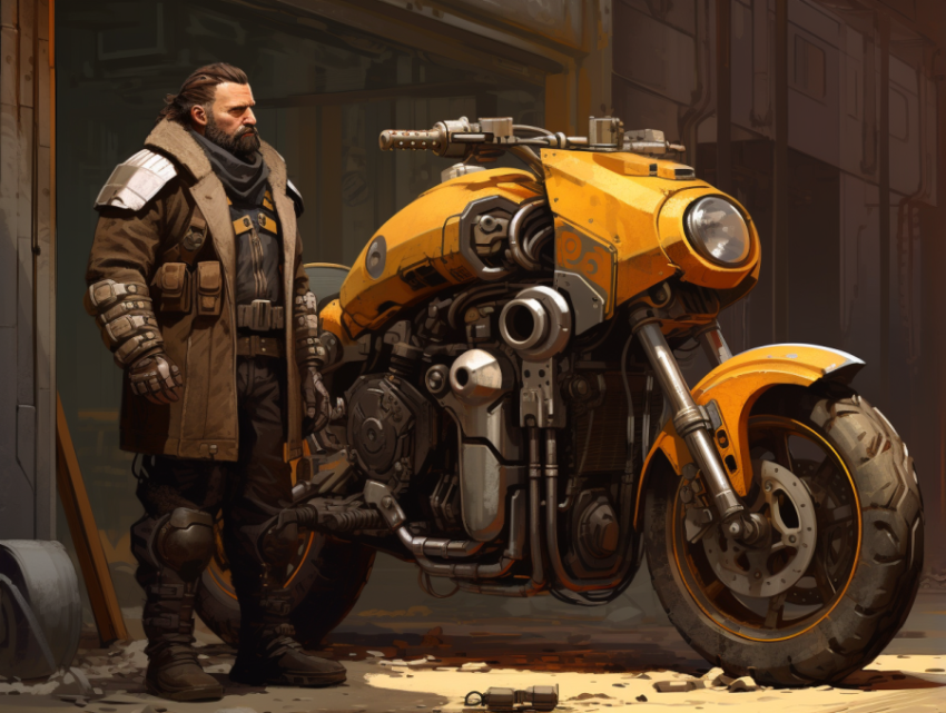 a man with a motorcycle stands next to a dieselpunk motorcycle a man with a motorcycle stands next to a dieselpunk motorcycle