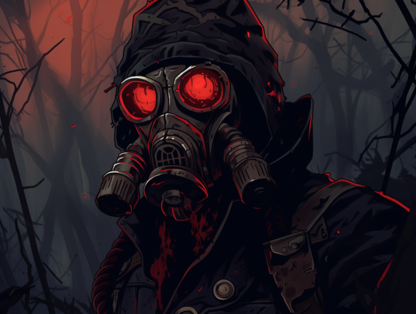 A man wearing a gas mask in the style of atompunk