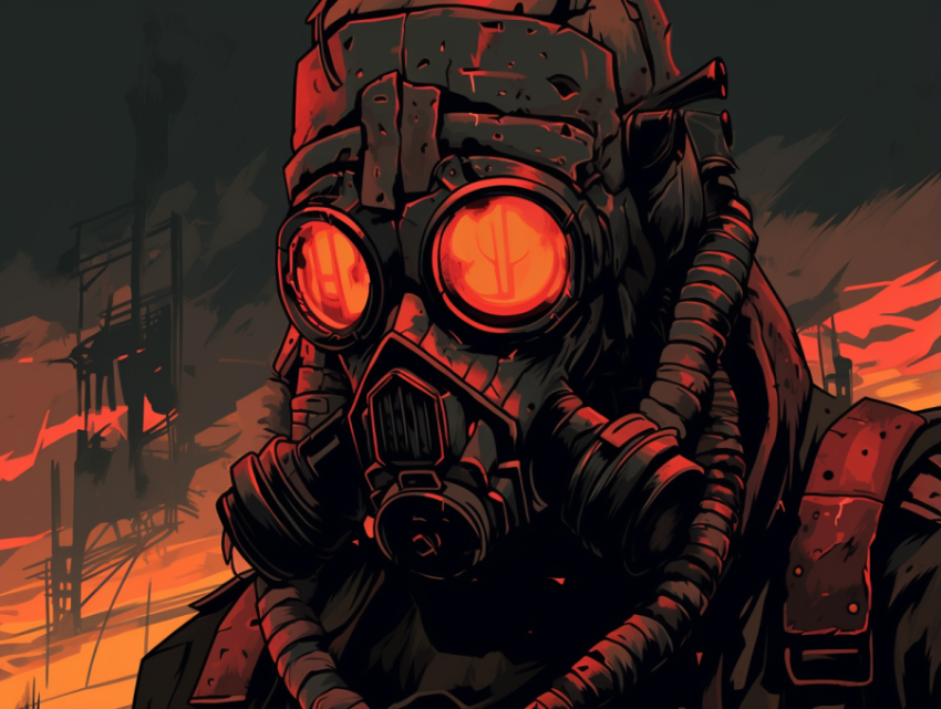 A man wearing a gas mask in the style of atompunk