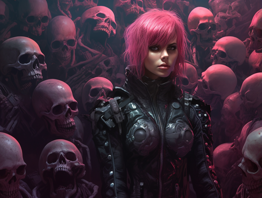 A dark fantasy girl with a pink hair standing between skulls Get unlimited access to a library of free ai prompts and ai images to help you generate creative ideas.