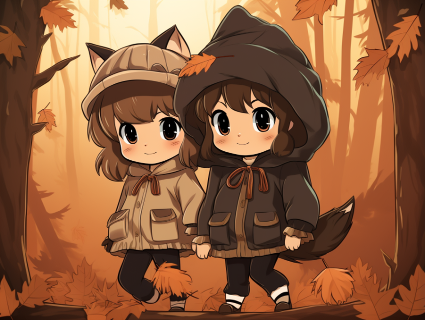 Two anime characters dressed as the forest has a hut on the ground