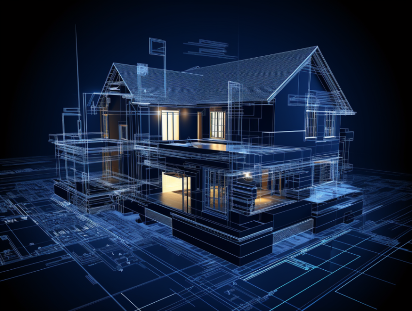 A blueprint house on blue background