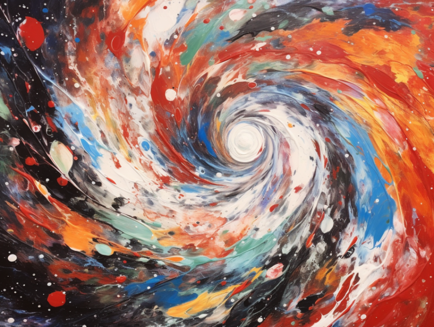 A abstract art of a swirling vortex of colors and shapes like a cosmic whirlpool