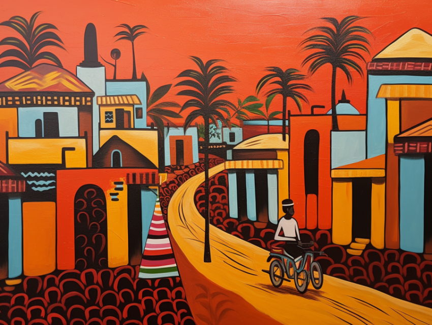 A benin art painting of a woman going around in an African town