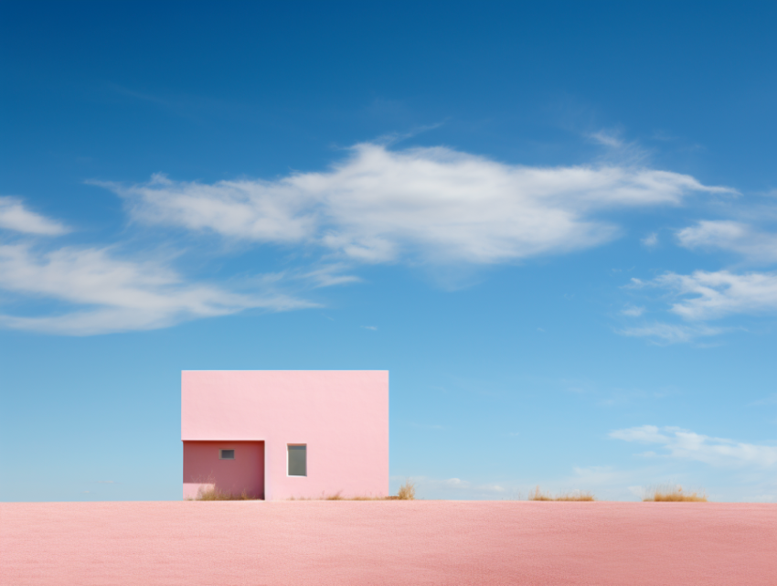 A pink house in front of a blue sky, postminimalism art