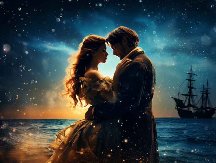 A Romantic couple at night under moon light on sea