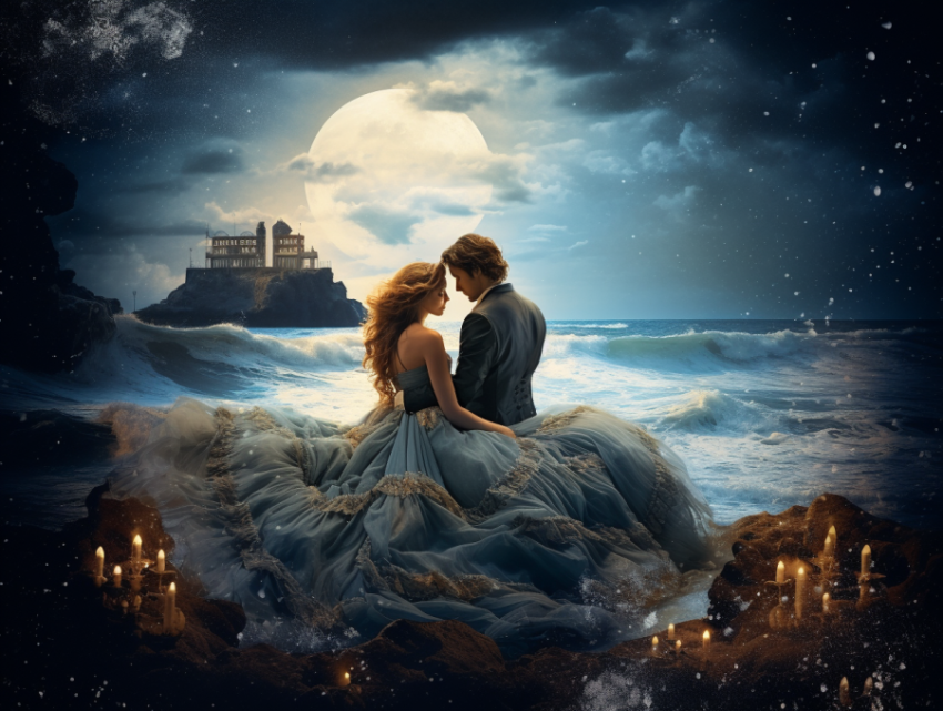 A Romantic couple at night under moon light on sea