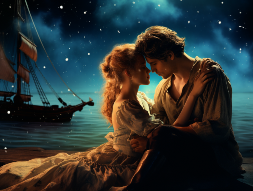 A Romantic couple at night under moon light on sea